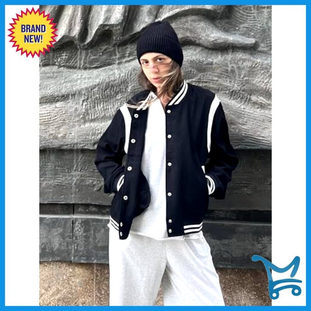 Lightweight Bomber Jacket Varsity Style Snap Button Casual Oversized Fit - Picture 4 of 7